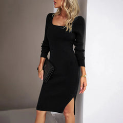 Ribbed Midi Dress with Side Slit – Elegant Bodycon Dress for Women